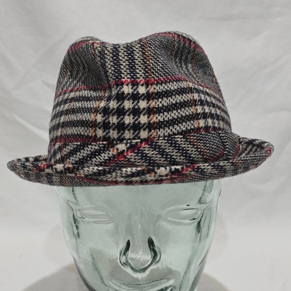 CROMBIE Aberdeen Scotland Cashmere & Wool Fedora Black Gray White Red Plaid S/7 - Picture 2 of 7